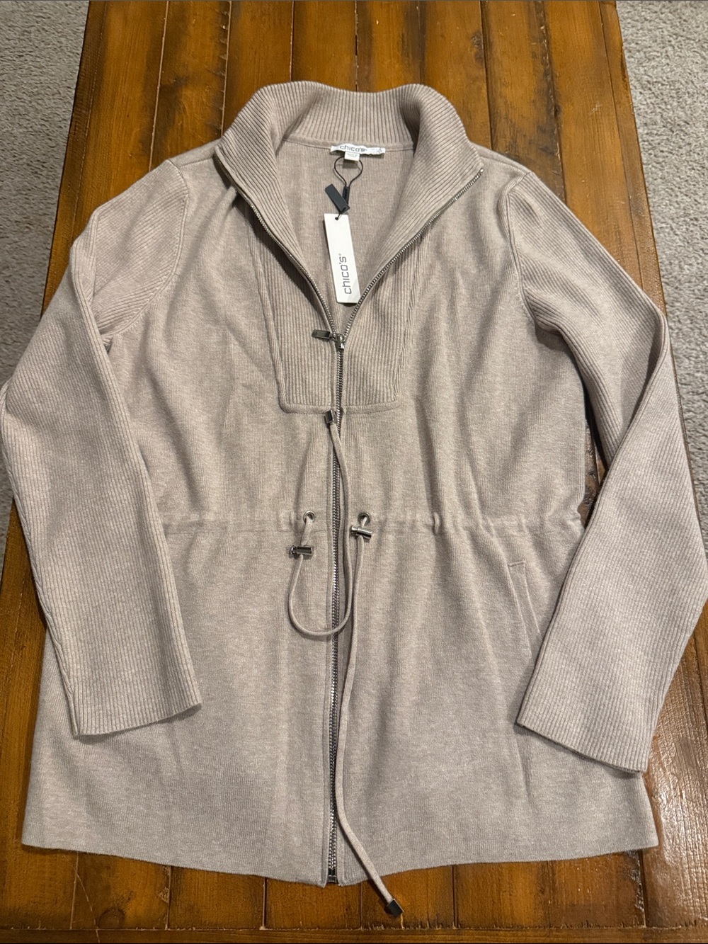 Chico's Neutral Taupe Zip-Front Drawstring Cardigan